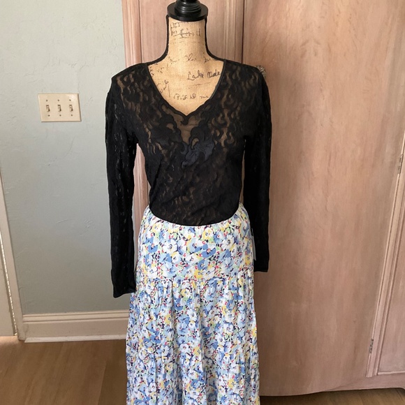 NWT Chaps Tiered prairie maxi Skirt Floral boho cotton summer cottagecore blue L - Picture 4 of 14